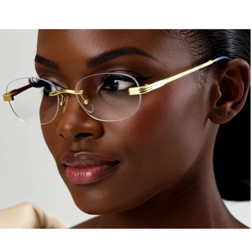 Rimless Women Glasses Gold Frame Oval Clear Lens Lightweight Eyeglasses Female